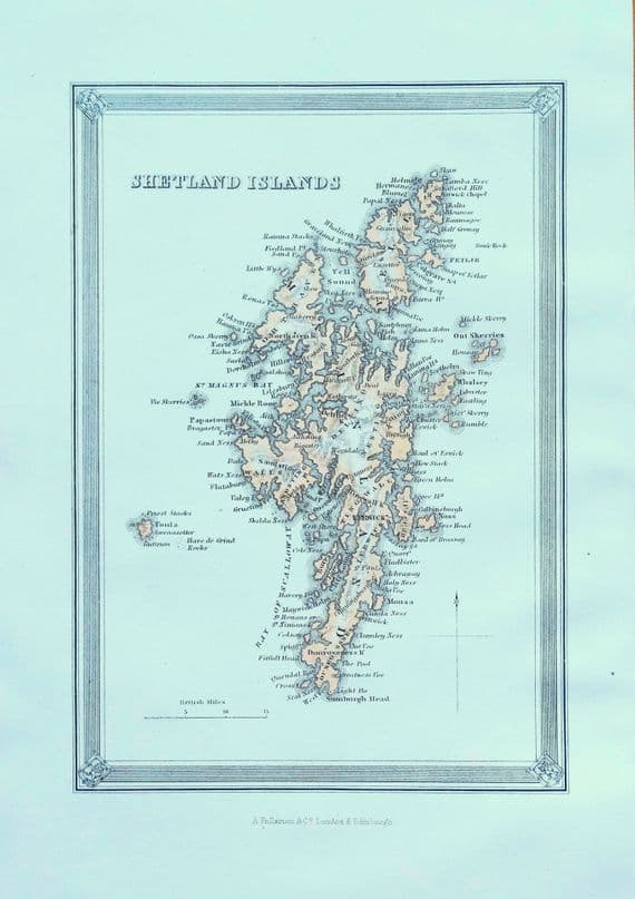 Antique Map SHETLAND ISLES SCOTLAND Fullarton Original Hand Col.Lithograph 1868
