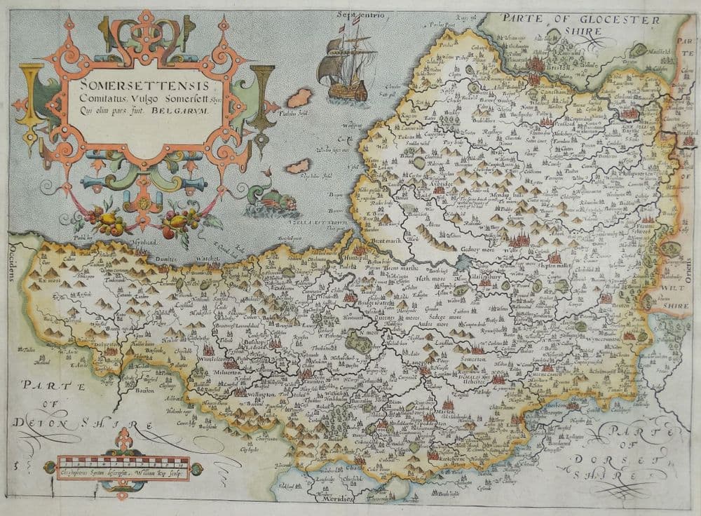 Antique Map SOMERSET Saxton & Kip Camden original 1637