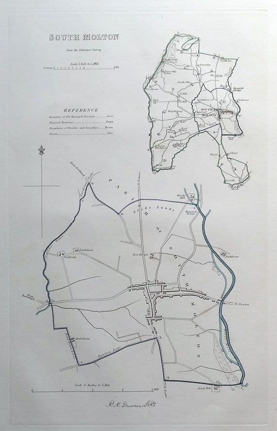 Antique Map SOUTH MOLTON, DEVON, Street Plan, Dawson Original 1832