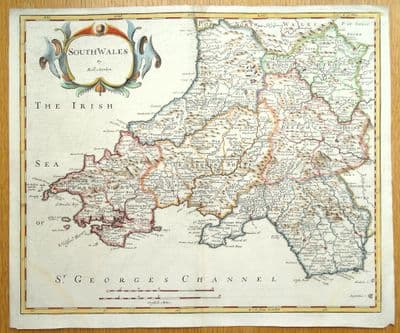 Antique Map SOUTH WALES Robert Morden original vintage old map hand colour 1722