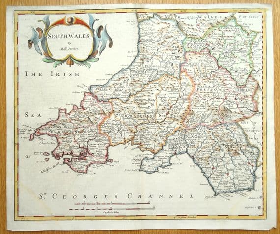 Antique Map SOUTH WALES Robert Morden original vintage old map hand colour 1722
