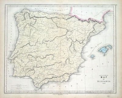 Antique Map SPAIN & PORTUGAL, Gall & Inglis original, hand coloured  c1850