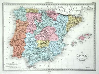 Antique Map SPAIN & PORTUGAL, Original Malte Brun, hand coloured c1850
