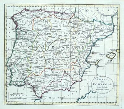 Antique Map SPAIN & PORTUGAL William Guthrie original engraved old vintage 1794