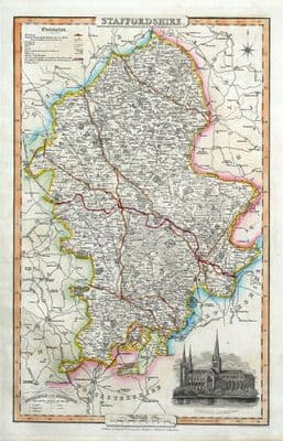 Antique Map STAFFORDSHIRE, James Pigot Original Hand Coloured  c1830