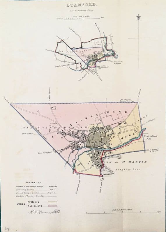 Antique Map STAMFORD, LINCOLNSHIRE  England Town & Street Plan, Dawson Original 1832