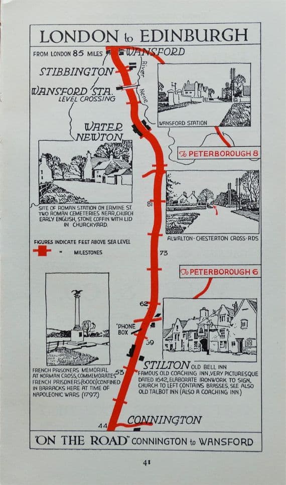 Antique Map STILTON, CONNINGTON, WANSFORD, STIBBINGTON   Pictorial Road Map c1920
