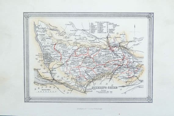 Antique Map STIRLING SHIRE  SCOTLAND Fullarton Original Hand Col.Lithograph 1868