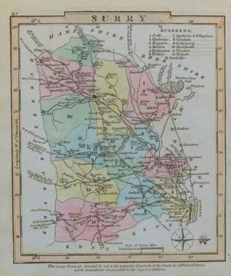 Antique Map SURREY, George Gray, Original Hand Coloured 1824