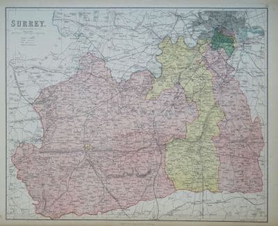 Antique Map SURREY, John Bartholomew Original  c1870