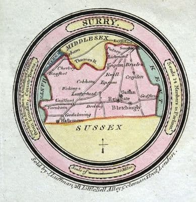 Antique Map SURREY, John Luffman, Very Scarce circular  miniature county map 1803