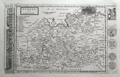 Antique Map SURREY, LONDON, Herman Moll, Original c1730