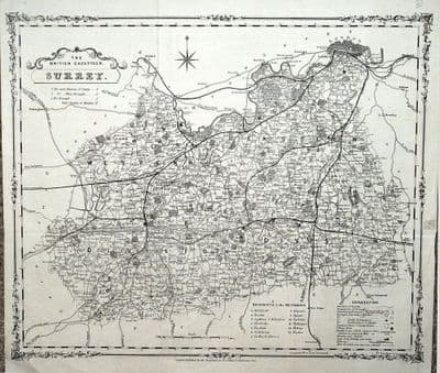 Antique Map SURREY & LONDON Original Lithographed County Map British Gazetteer c1850