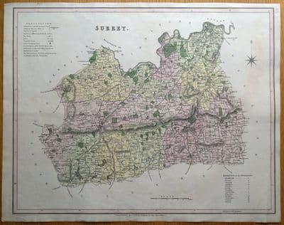 Antique Map SURREY, LONDON, T.L. Murray original, hand coloured 1830