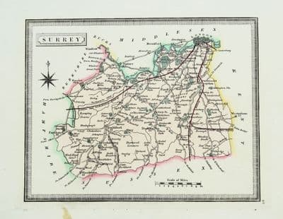 Antique Map SURREY, Original Hand Col. Teesdale's Travelling Atlas 1843