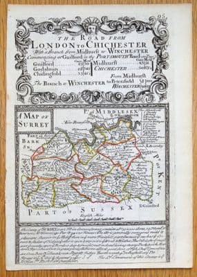 Antique Map SURREY, Owen/Bowen Original Miniature c1720