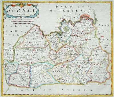 Antique Map SURREY Robert Morden original vintage hand colour old 1722
