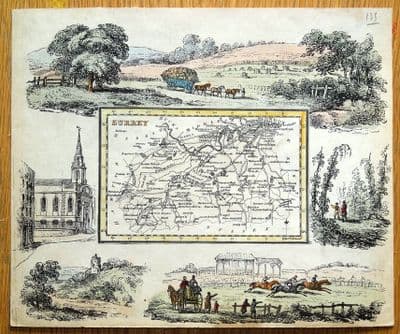 Antique Map SURREY, Rueben Ramble, Original Illustrated map 1845