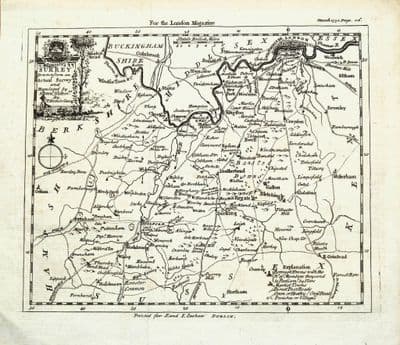 Antique Map SURREY, Thomas Kitchin, London Magazine, Original 1750