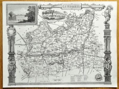 Antique Map SURREY, Thomas Moule, Original c1840
