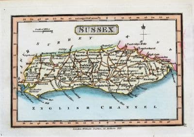 Antique Map SUSSEX, Darton Hand Coloured Original Miniature  c1822