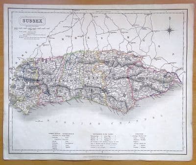 Antique Map SUSSEX J.&C. Walker original old vintage map 1835