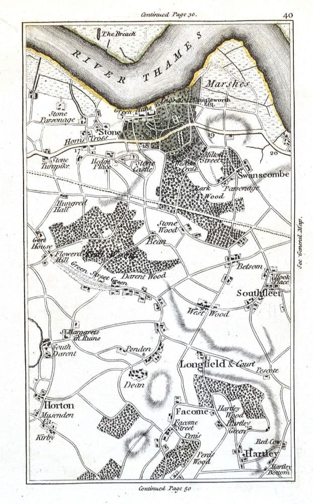 Antique Map SWANSCOMBE GREENHITHE LONGFIELD Southfleet Horton Kirby ...