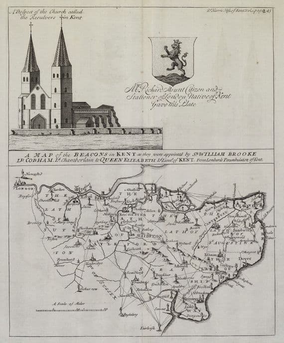 Antique Map The BEACONS in KENT, RECULVER John Harris original 1719