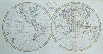 Antique Map THE WORLD in Hemispheres W.Guthrie original vintage map 1794