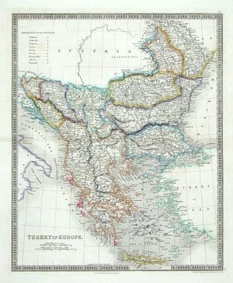 Antique Map TURKEY IN EUROPE ALBANIA SERBIA BULGARIA GREECE ROMANIA Teesdale 1841