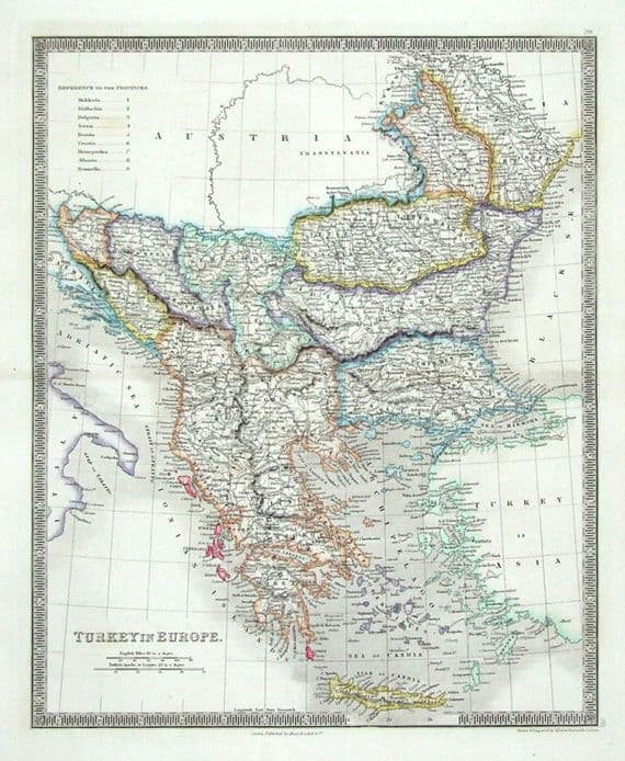 Antique Map TURKEY IN EUROPE ALBANIA SERBIA BULGARIA GREECE ROMANIA Teesdale 1841