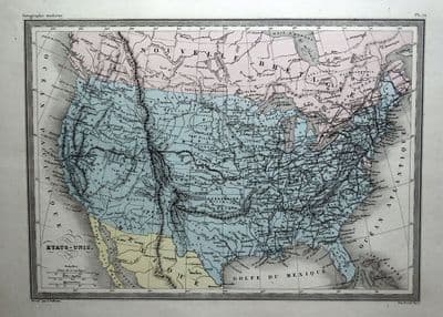 Antique Map UNITED STATES,  ETATS UNIS Original Hand Col Malte Brun Vintage c1850
