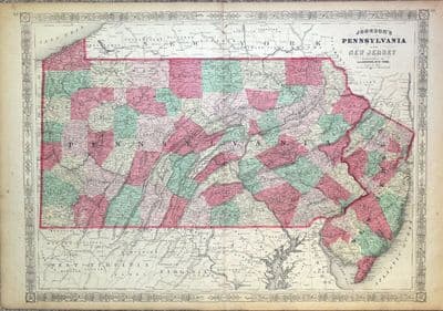 Antique Map USA PENNSYLVANIA & NEW JERSEY Johnson Original  c1865