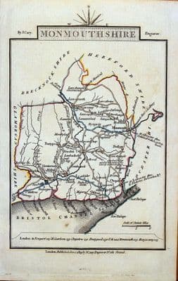 Antique Map WALES MONMOUTHSHIRE John Cary Hand Coloured Miniature Antique County Map 1819