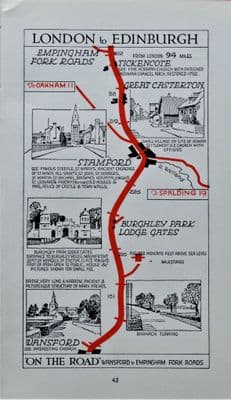 Antique Map Wansford, Stamford, Great Casterton,Tickencote Pictorial Road Map c1920