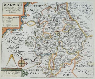 Antique Map WARWICKSHIRE, Saxton & Kip, Camden original 1637