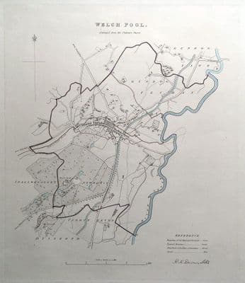 Antique Map WELSHPOOL, POWYS, WALES, Street Plan, Dawson original 1832
