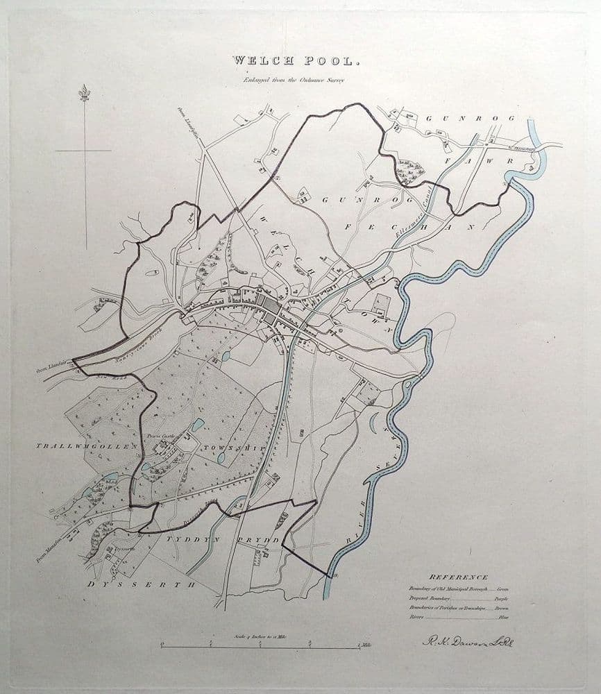 Welshpool Postcode Antique Map WELSHPOOL POWYS WALES Street Plan Dawson original 1832