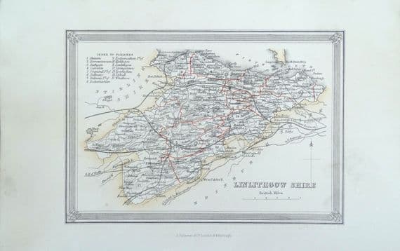 Antique Map WEST LOTHIAN LINLITHGOW Scotland Fullarton Original Lithograph 1868