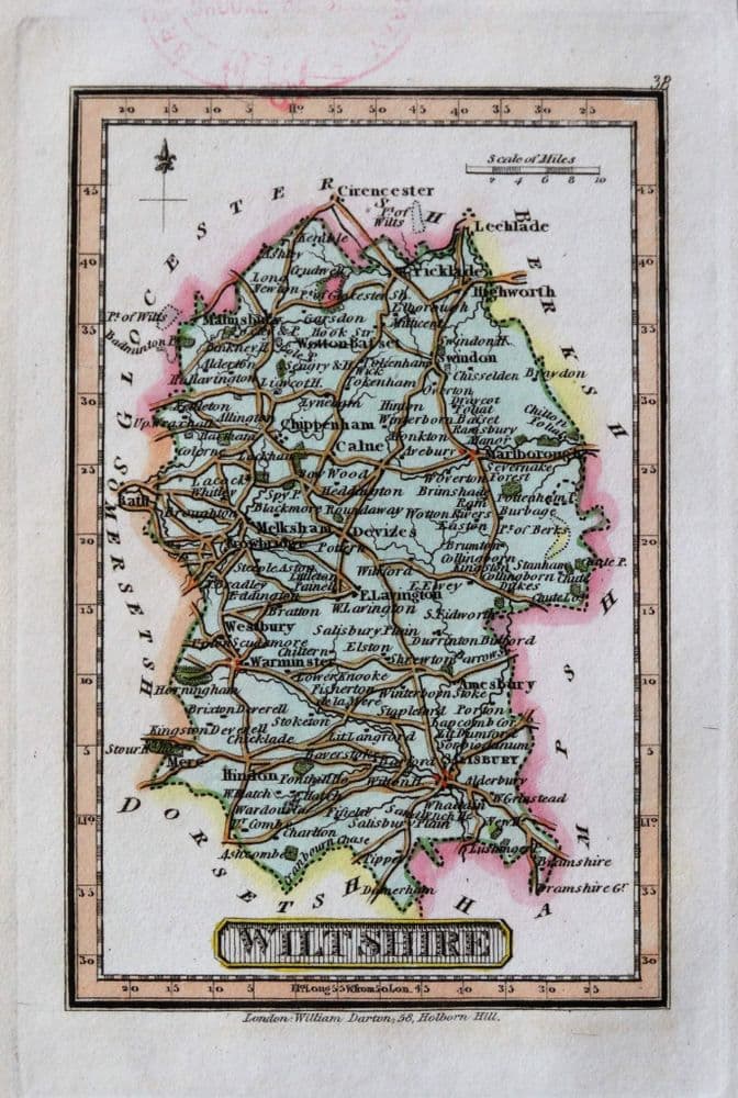 Antique Map WILTSHIRE Darton Hand Coloured Original Miniature c 1822