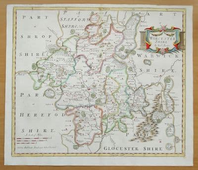 Antique Map WORCESTERSHIRE, Robert Morden, original old vintage map 1722
