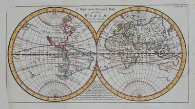 Antique Map WORLD in HEMISPHERES, California as island, John Senex original 1749