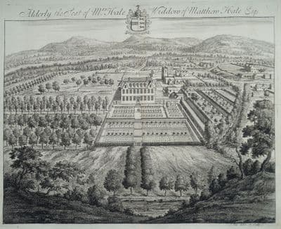 Antique Print ALDERLEY, Wotton under Edge Gloucestershire, J.KIP bird's eye 1712