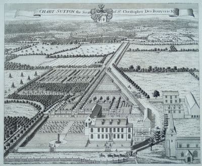 Antique Print CHART SUTTON nr Maidstone, Kent Original KIP bird's eye view, Harris 1719