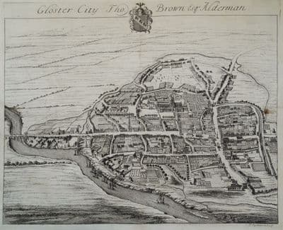 Antique Print GLOSTER City, GLOUCESTER birds eye street plan Original Johannes KIP, Atkyns 1712