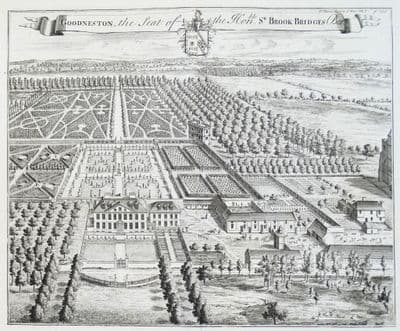 Antique Print GOODNESTONE PARK, nr Wingham Kent original KIP Bird's Eye engraving Harris 1719