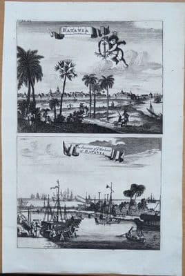 Antique Print JAKARTA, JAVA, JAWA, CHURCHILL'S VOYAGES,Pair of Original Engravings  1744
