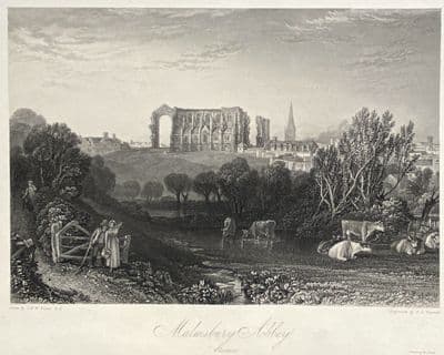 Antique Print MALMESBURY ABBEY, WILTSHIRE, J.M.W. Turner original engraving 1838
