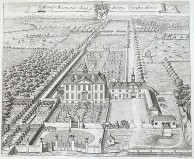Antique Print MOUNT MORRIS, Monks Horton, Hythe Kent, KIP Bird's Eye Harris 1719