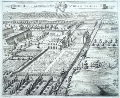 Antique Print PRESTON HALL, Aylesford, Kent Original Johannes KIP birds eye view, Harris 1719